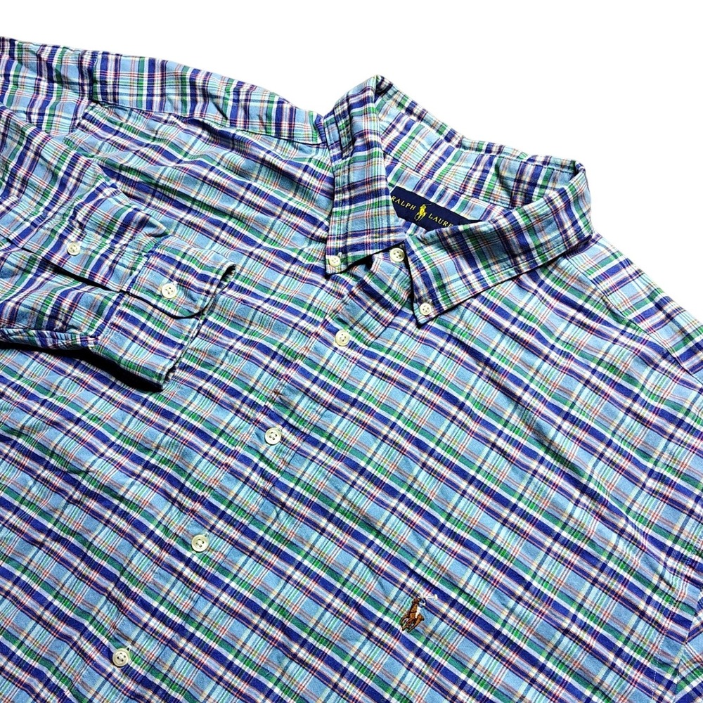 Ralph Lauren Plaid Button Down Mens 3XLT Blue Green Cotton Long Sleeve